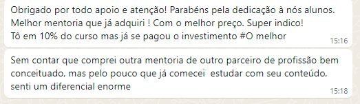 Mensagem do Lucas: tô em 10% do curso mas já se pagou o investimento